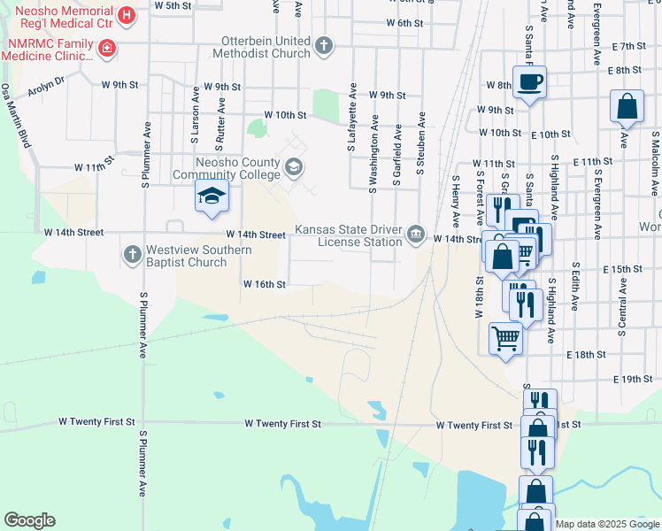 map of restaurants, bars, coffee shops, grocery stores, and more near 619 West 15th Street in Chanute