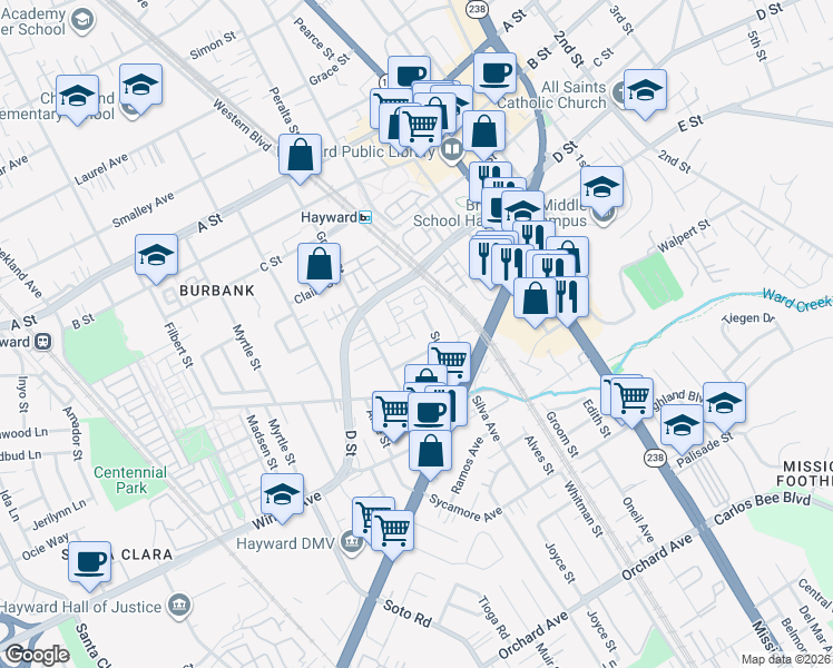 map of restaurants, bars, coffee shops, grocery stores, and more near 22876 Charing Street in Hayward