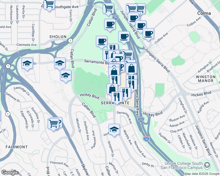 map of restaurants, bars, coffee shops, grocery stores, and more near 325 Innisfree Drive in Daly City
