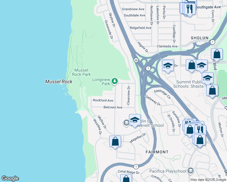 map of restaurants, bars, coffee shops, grocery stores, and more near 58 Longview Drive in Daly City