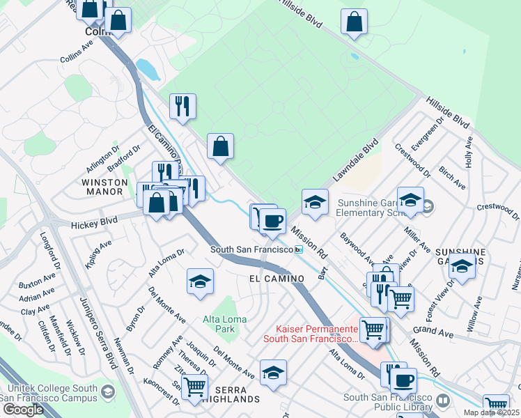 map of restaurants, bars, coffee shops, grocery stores, and more near 1239 Isabelle Circle in South San Francisco