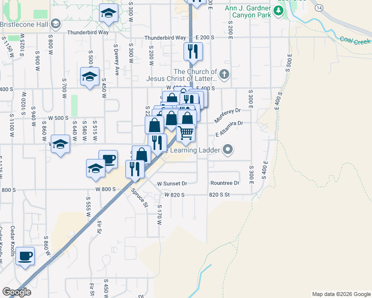 map of restaurants, bars, coffee shops, grocery stores, and more near 633 South Main Street in Cedar City