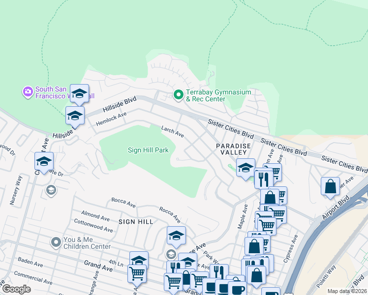 map of restaurants, bars, coffee shops, grocery stores, and more near 73 Highland Avenue in South San Francisco