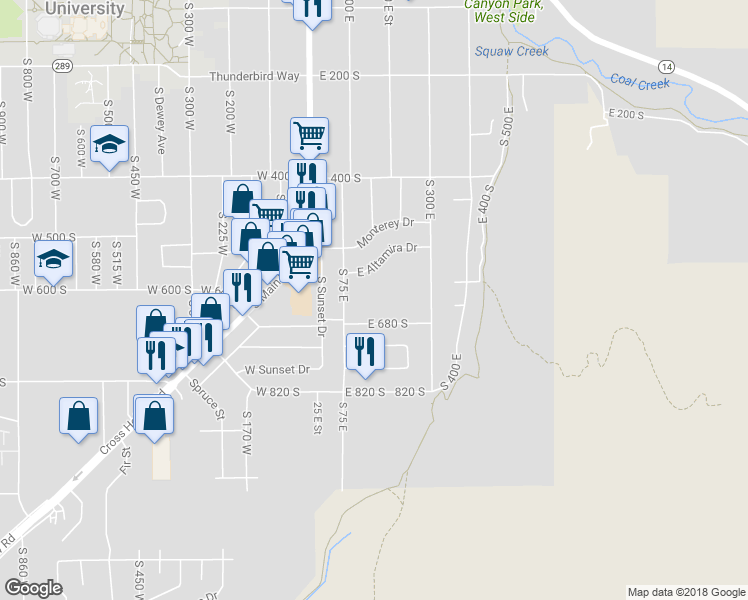 map of restaurants, bars, coffee shops, grocery stores, and more near 595 S 75 E in Cedar City