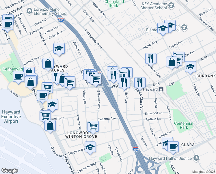 map of restaurants, bars, coffee shops, grocery stores, and more near 384 West A Street in Hayward