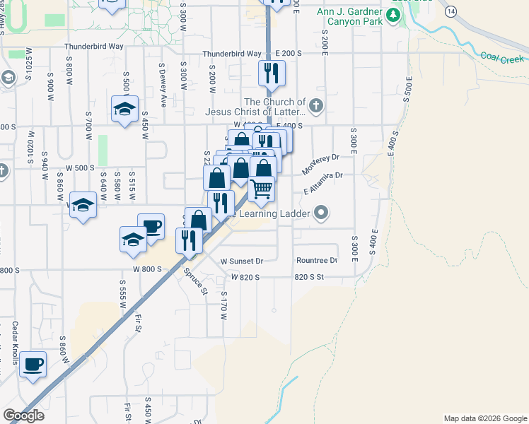 map of restaurants, bars, coffee shops, grocery stores, and more near 633 South Main Street in Cedar City