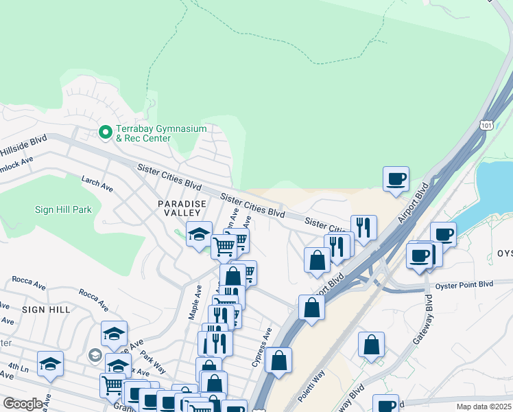 map of restaurants, bars, coffee shops, grocery stores, and more near Sister Cities Boulevard in South San Francisco