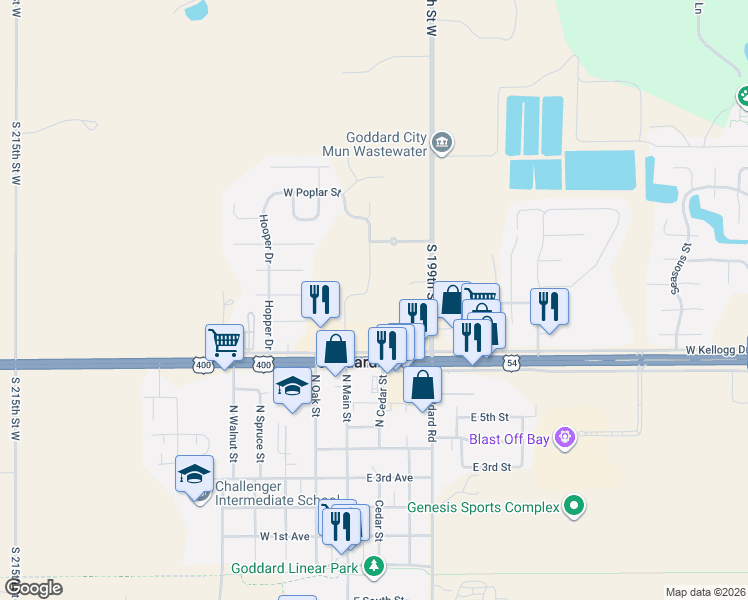 map of restaurants, bars, coffee shops, grocery stores, and more near 901 North Main Street in Goddard