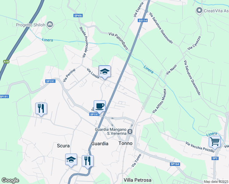 map of restaurants, bars, coffee shops, grocery stores, and more near 3 Via Sperlinga in Acireale