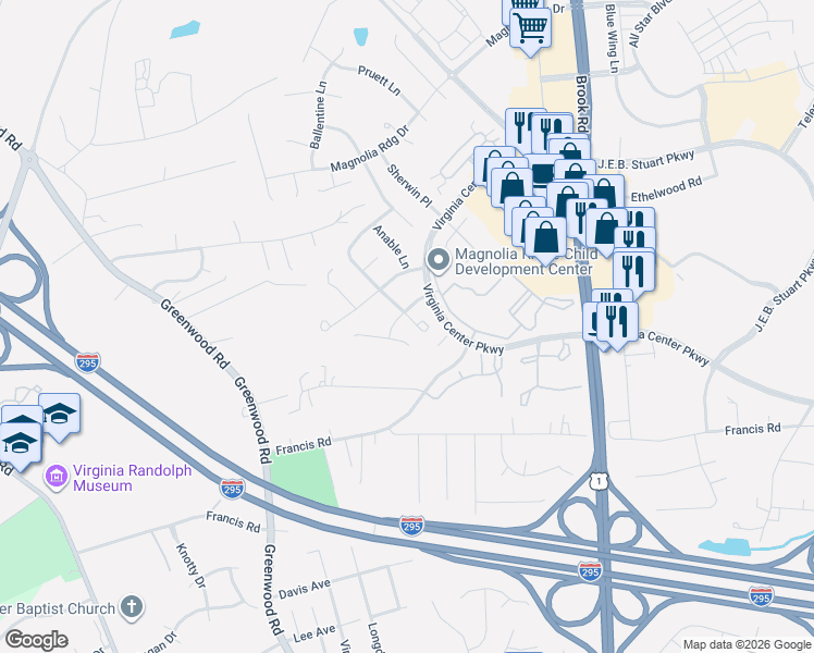 map of restaurants, bars, coffee shops, grocery stores, and more near 10520 Runnymeade Drive in Glen Allen