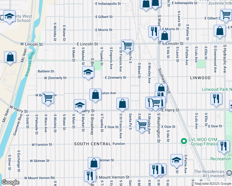 map of restaurants, bars, coffee shops, grocery stores, and more near 550 East Boston Street in Wichita