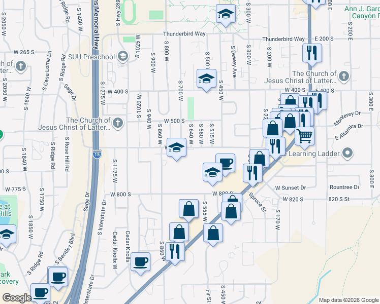 map of restaurants, bars, coffee shops, grocery stores, and more near 703 West 600 South in Cedar City