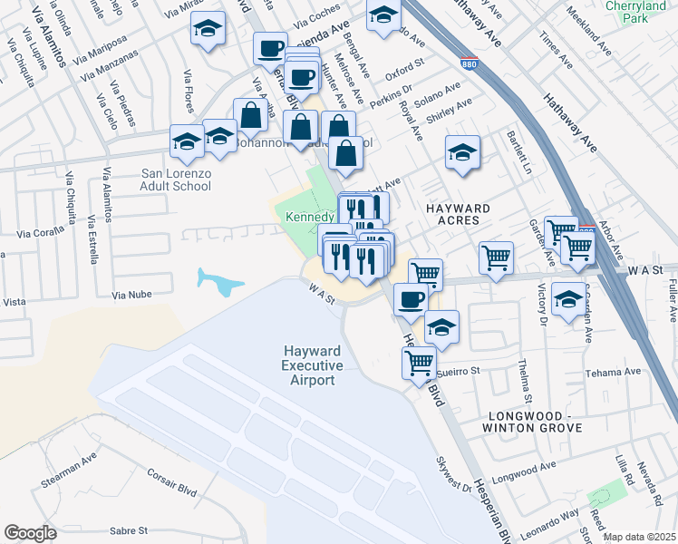map of restaurants, bars, coffee shops, grocery stores, and more near 19661 Hesperian Boulevard in Hayward