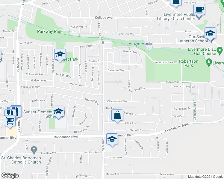 map of restaurants, bars, coffee shops, grocery stores, and more near 2111 Pleasant View Lane in Livermore