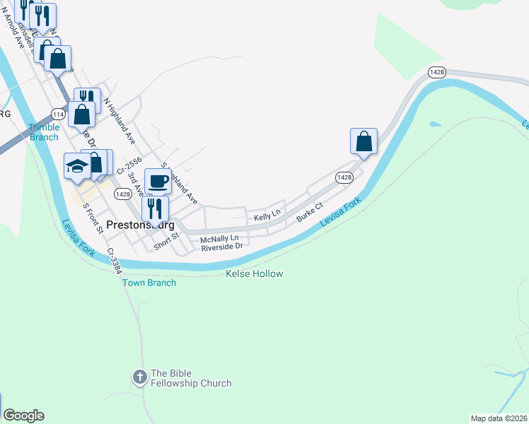 map of restaurants, bars, coffee shops, grocery stores, and more near 832 South Highland Avenue in Prestonsburg