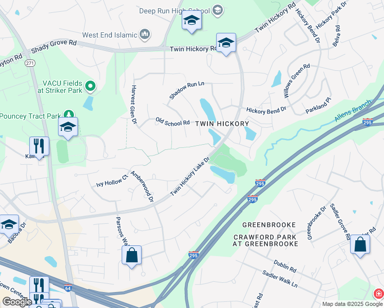 map of restaurants, bars, coffee shops, grocery stores, and more near 4704 Twin Hickory Lake Drive in Glen Allen