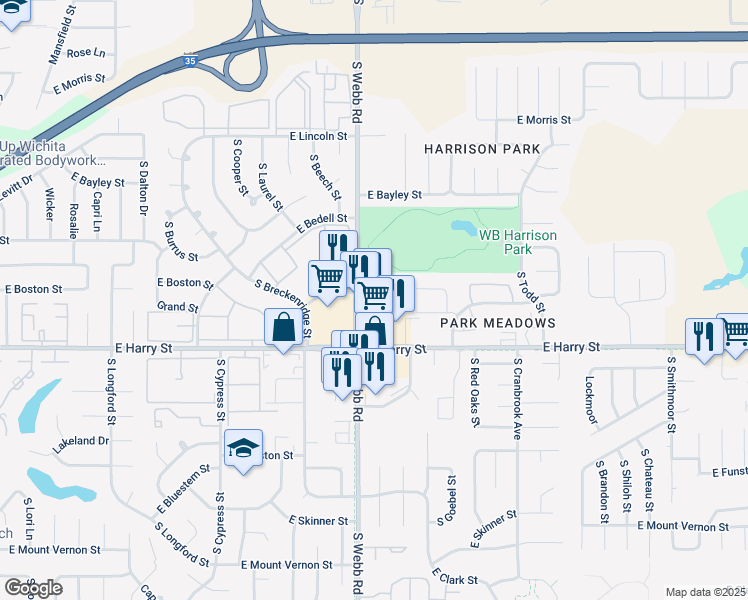 map of restaurants, bars, coffee shops, grocery stores, and more near 1520 South Webb Road in Wichita