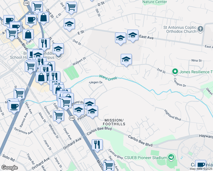 map of restaurants, bars, coffee shops, grocery stores, and more near 1281 Highland Boulevard in Hayward