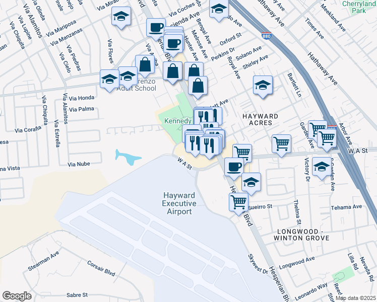 map of restaurants, bars, coffee shops, grocery stores, and more near 19661 Hesperian Boulevard in Hayward