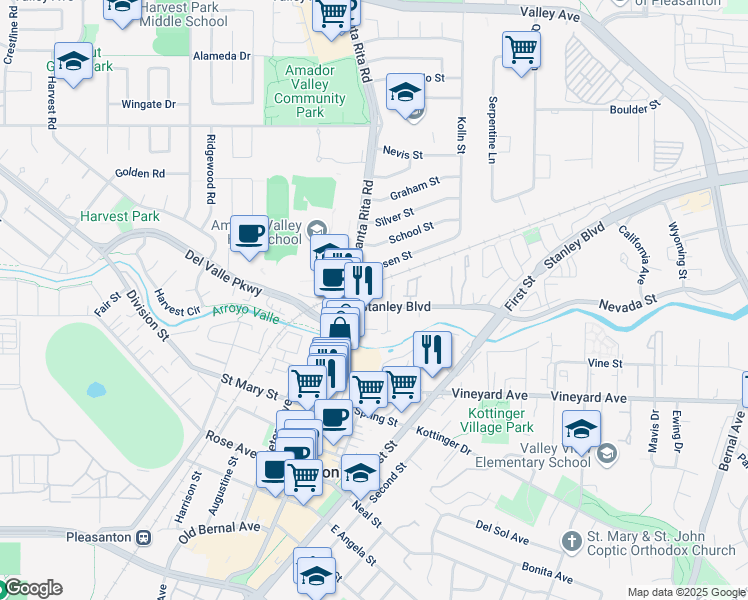 map of restaurants, bars, coffee shops, grocery stores, and more near 112 Barias Place in Pleasanton