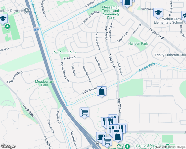 map of restaurants, bars, coffee shops, grocery stores, and more near 2702 Corte San Blas in Pleasanton
