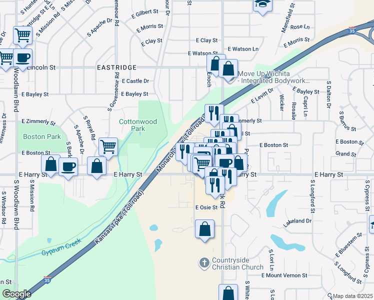 map of restaurants, bars, coffee shops, grocery stores, and more near 1200 South Doreen Street in Wichita