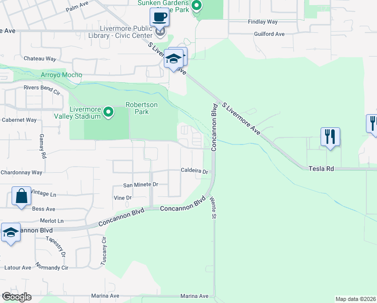map of restaurants, bars, coffee shops, grocery stores, and more near 2113 Autinori Court in Livermore