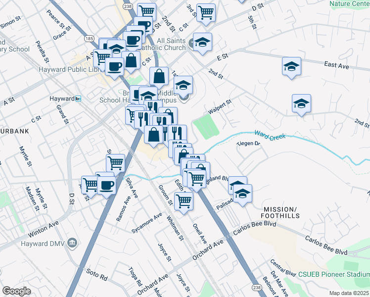 map of restaurants, bars, coffee shops, grocery stores, and more near 921 Fletcher Lane in Hayward