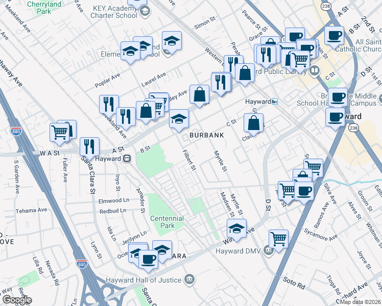 map of restaurants, bars, coffee shops, grocery stores, and more near 22738 Filbert Street in Hayward