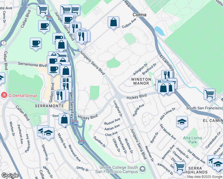 map of restaurants, bars, coffee shops, grocery stores, and more near 101 Longford Drive in South San Francisco
