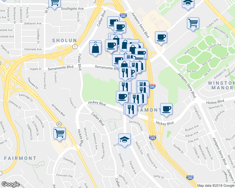 map of restaurants, bars, coffee shops, grocery stores, and more near 325 Innisfree Drive in Daly City