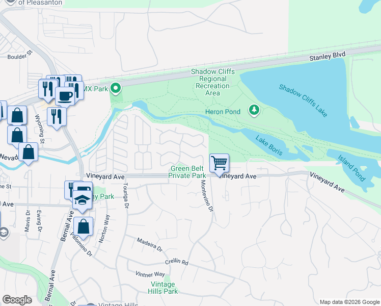 map of restaurants, bars, coffee shops, grocery stores, and more near 2859 El Capitan Drive in Pleasanton