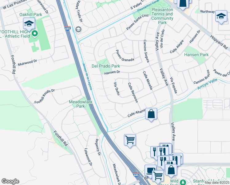 map of restaurants, bars, coffee shops, grocery stores, and more near 6918 Vía Quito in Pleasanton