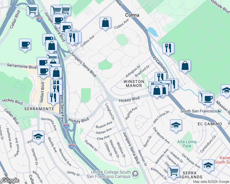 map of restaurants, bars, coffee shops, grocery stores, and more near 132 Duval Drive in South San Francisco