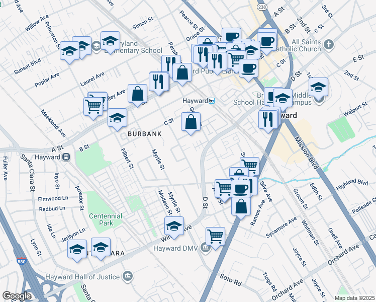 map of restaurants, bars, coffee shops, grocery stores, and more near 22830 Alice Street in Hayward