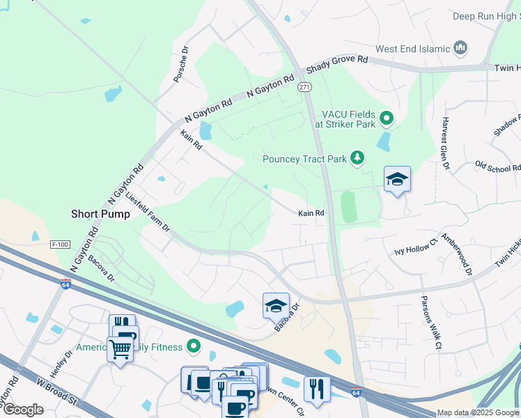 map of restaurants, bars, coffee shops, grocery stores, and more near 4557 Bacova Club Court in Glen Allen