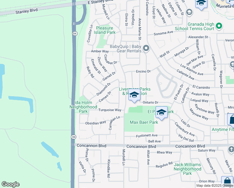 map of restaurants, bars, coffee shops, grocery stores, and more near 1295 Onyx Road in Livermore