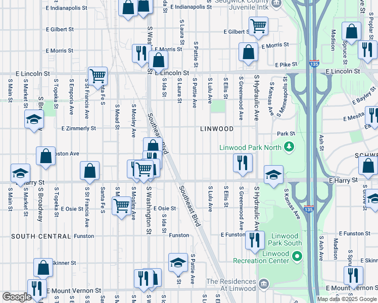 map of restaurants, bars, coffee shops, grocery stores, and more near 1216 East Boston Street in Wichita