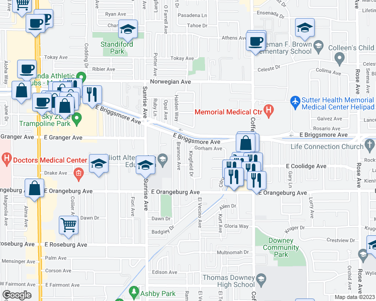 map of restaurants, bars, coffee shops, grocery stores, and more near 1517 Kingfield Drive in Modesto