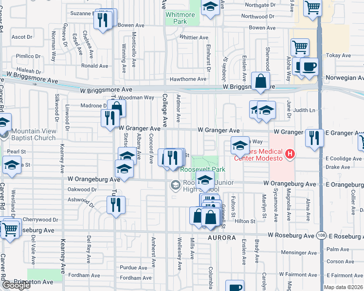 map of restaurants, bars, coffee shops, grocery stores, and more near 1522 Ardmor Avenue in Modesto