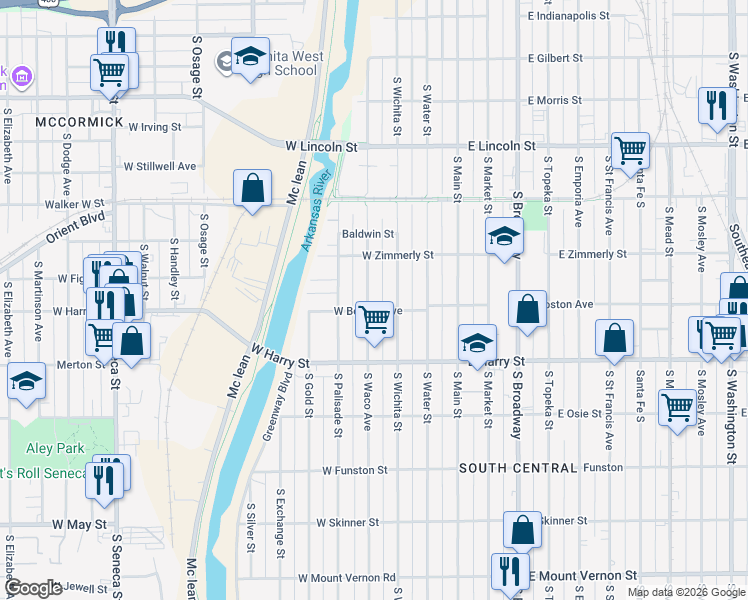 map of restaurants, bars, coffee shops, grocery stores, and more near 1449 South Wichita Street in Wichita