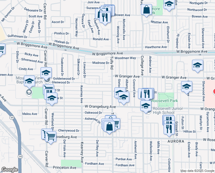 map of restaurants, bars, coffee shops, grocery stores, and more near 1302 Glenwood Drive in Modesto
