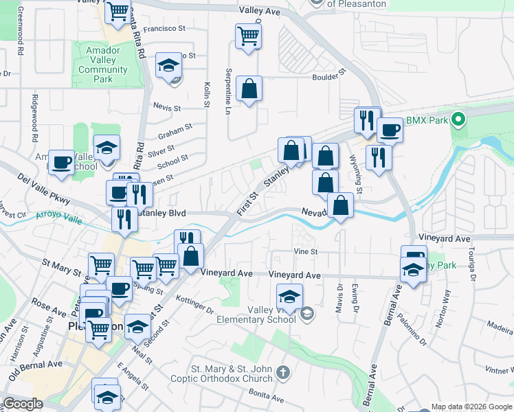 map of restaurants, bars, coffee shops, grocery stores, and more near 3856 Stanley Boulevard in Pleasanton