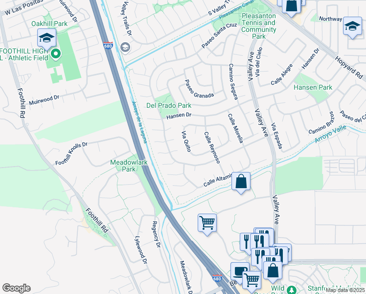 map of restaurants, bars, coffee shops, grocery stores, and more near 6918 Vía Quito in Pleasanton