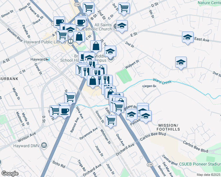 map of restaurants, bars, coffee shops, grocery stores, and more near 928 Fletcher Lane in Hayward