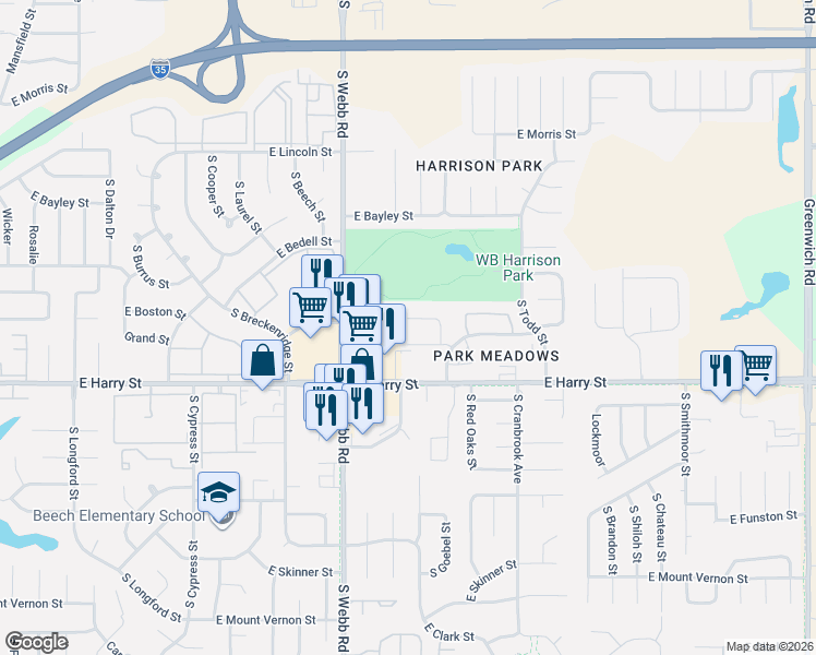 map of restaurants, bars, coffee shops, grocery stores, and more near 1403 South Goebel Circle in Wichita