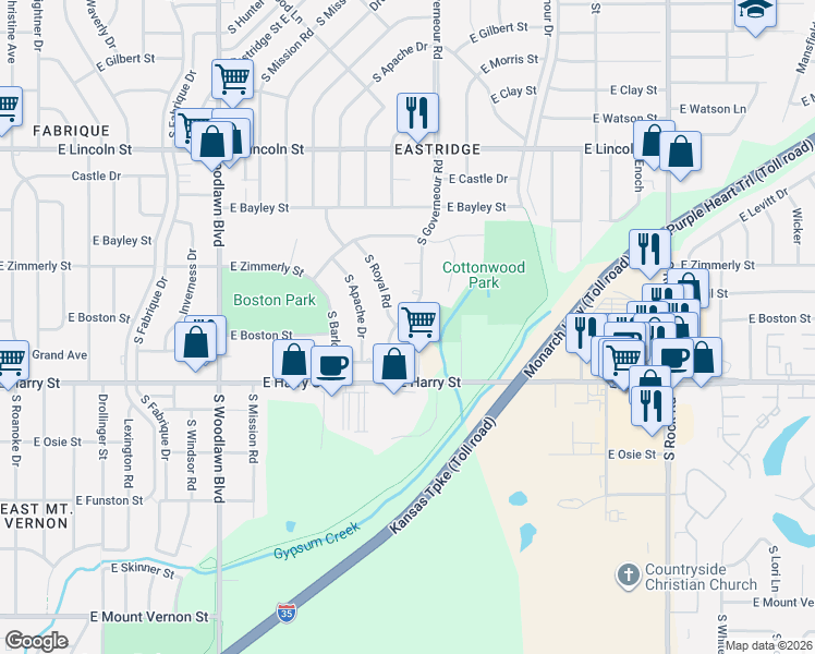 map of restaurants, bars, coffee shops, grocery stores, and more near 1142 South Governeour Court in Wichita