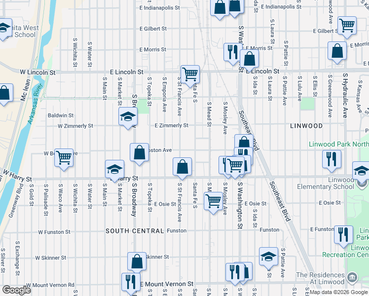 map of restaurants, bars, coffee shops, grocery stores, and more near 1447 Santa Fe South in Wichita