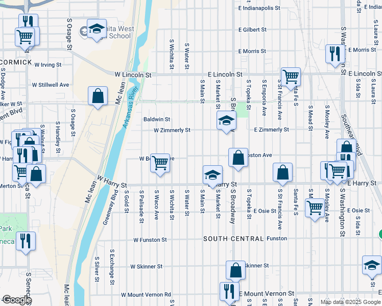 map of restaurants, bars, coffee shops, grocery stores, and more near 1447 South Water Street in Wichita