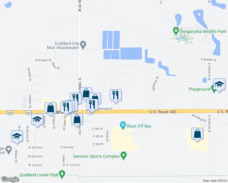 map of restaurants, bars, coffee shops, grocery stores, and more near 19874-19894 West Kellogg Drive in Goddard